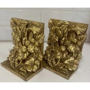 Vtg 1995 CBK LTD Gold Poppy Flowers Resin Bookends 6”H Heavyweight